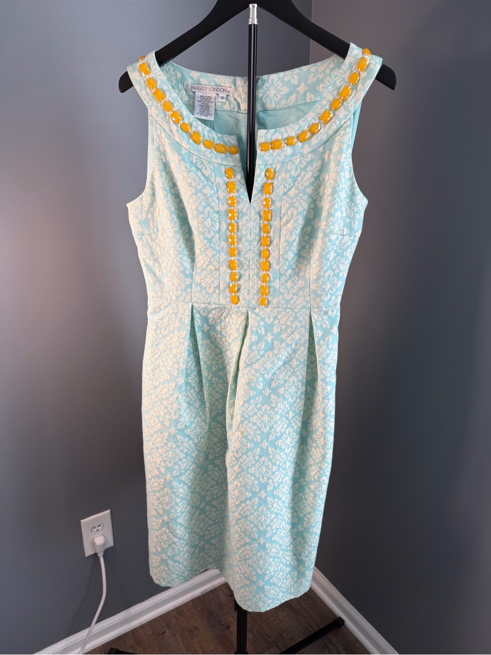 Maggy‎ London Aqua and White Jacquard Midi Dress with Yellow Beaded Trim